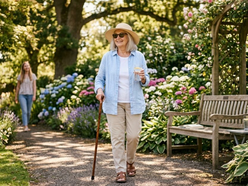 Older adult staying cool and active on a sunny summer day with water, shade, and light clothing.