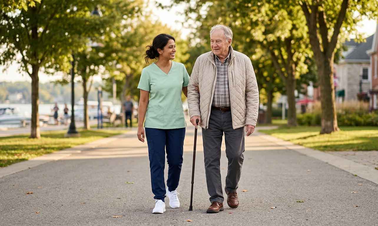 Cargiver and older adult walking