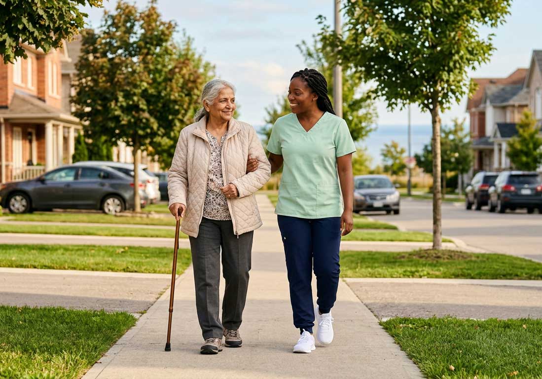 Cargiver and senior lady walking on the street