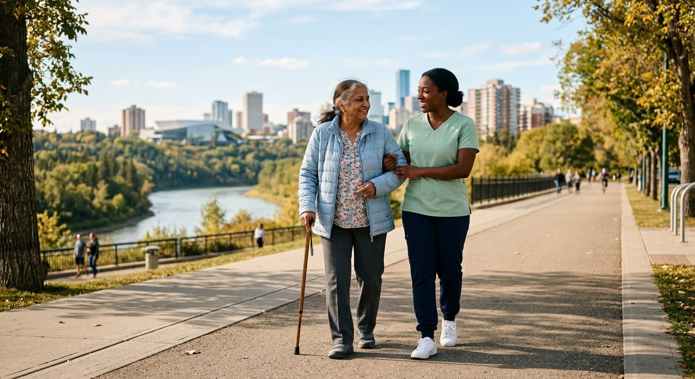 Caregiver and older adult walking in the city of Edmonton in Alberta