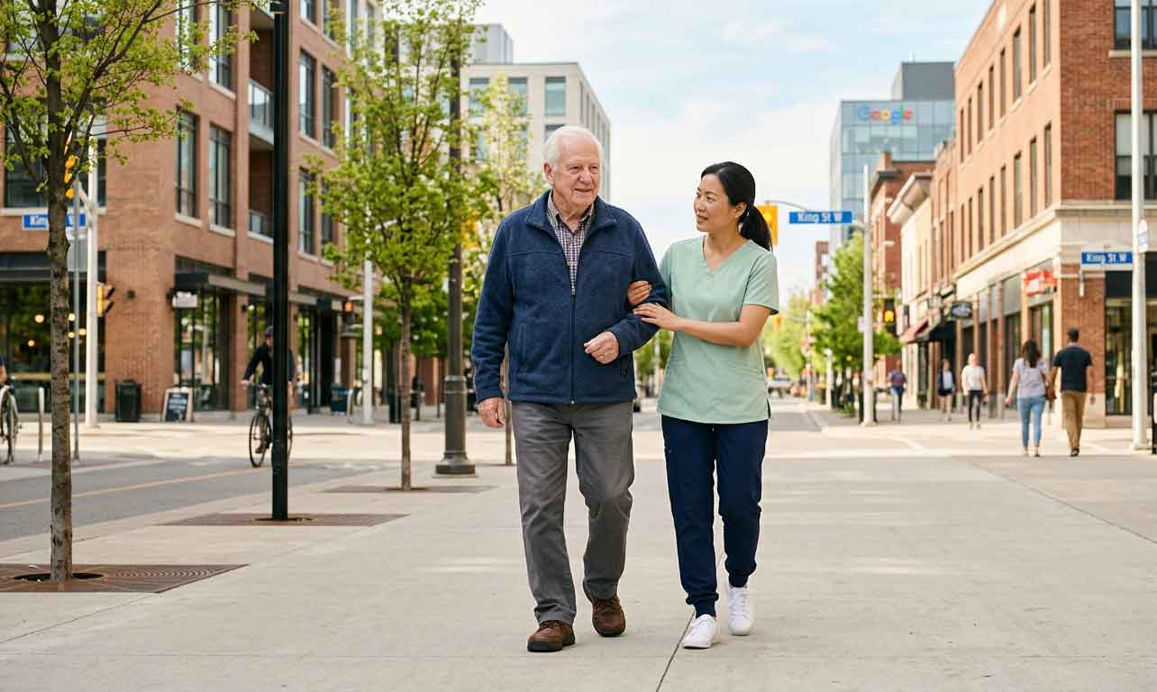 Caregiver and older adult walking 
