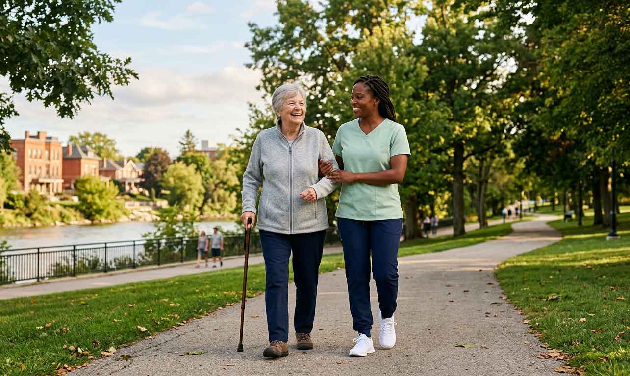 Caregiver and older adult walking