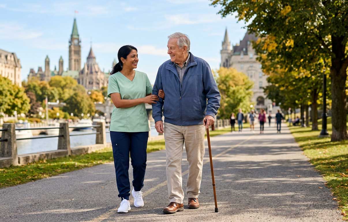 Senior man walking with caregiver in Ottawa