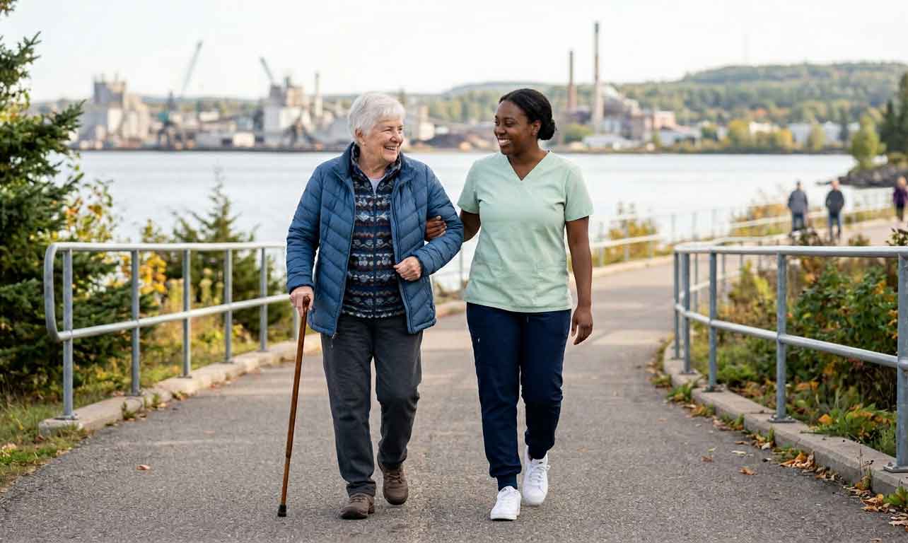 Caregiver and older adult walking