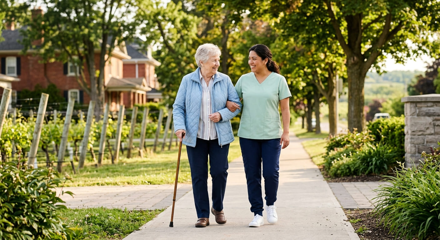 Caregiver and older adult on a walk in the City of St. Catherines in Ontario