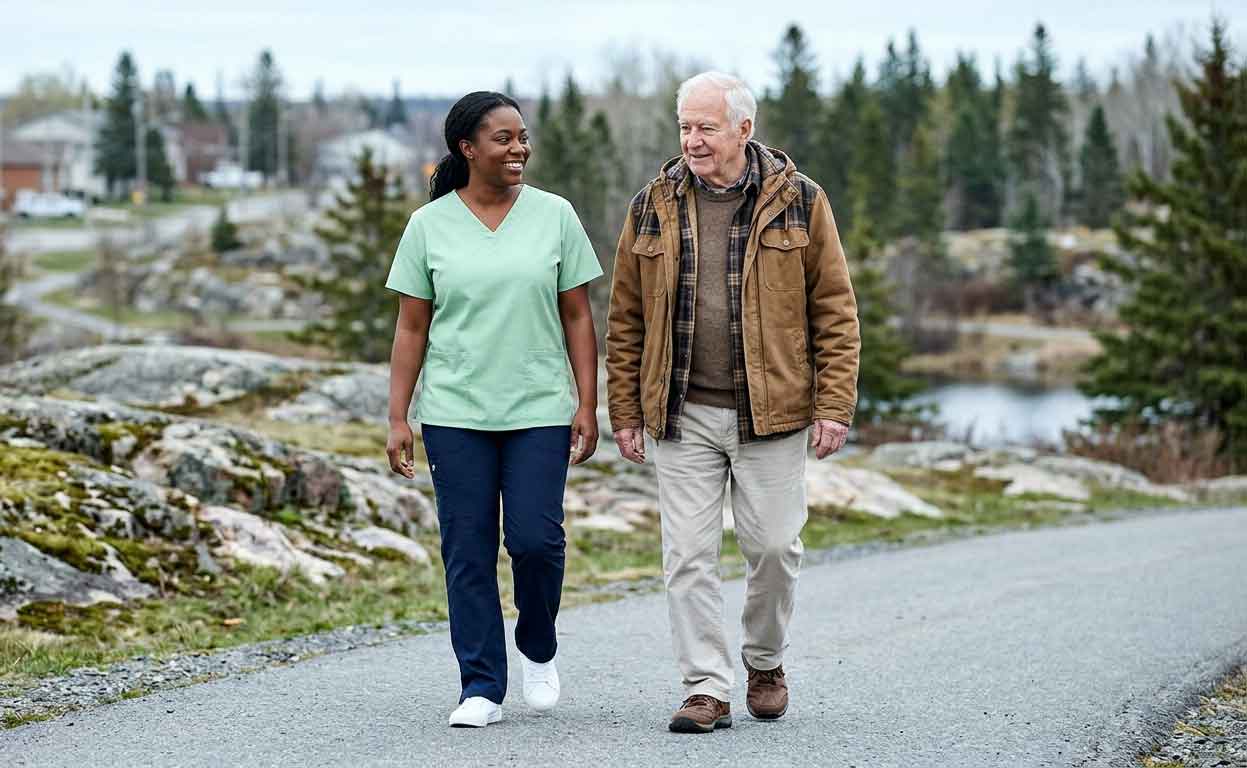 Cargiver and older man walking on a trail