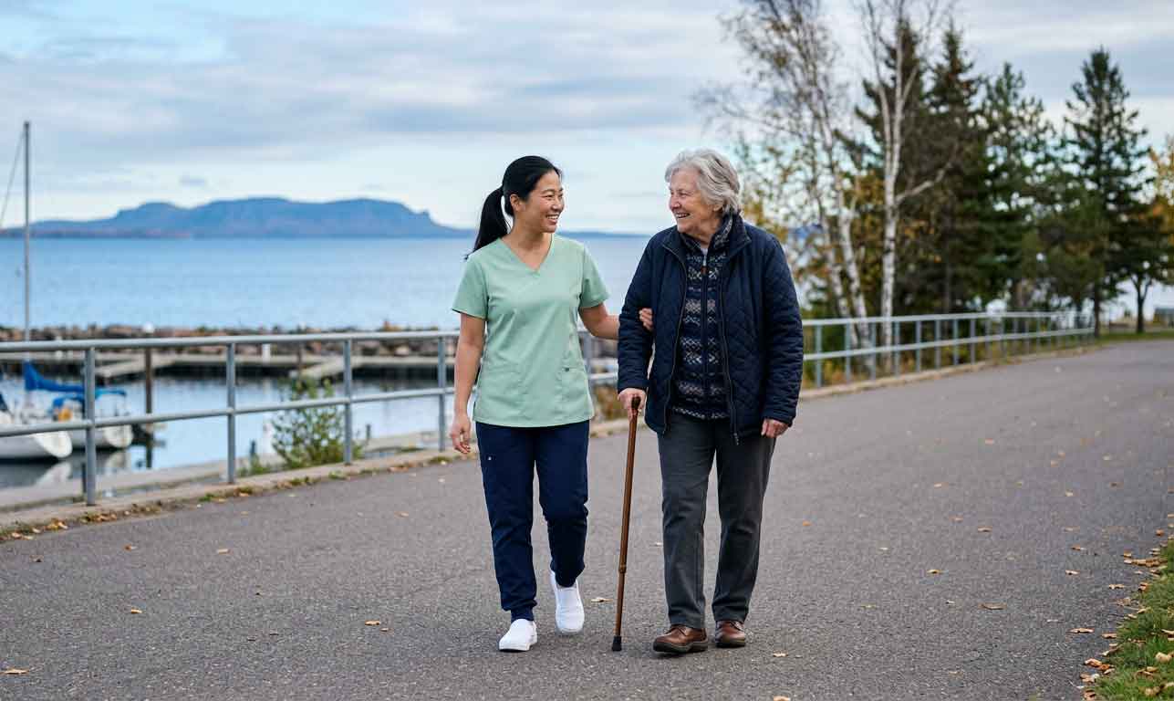 Older adult lady walking with caregiver 