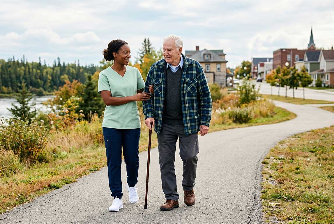 Caregiver and older adult walking on a trail in Timmins