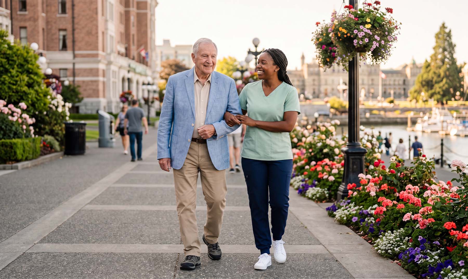 Older woman walking on the street with the help of a caregiver