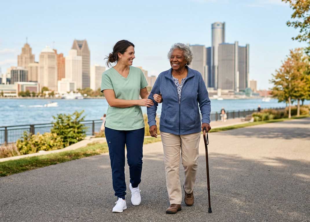 Caregiver and older adult walking in Windsor