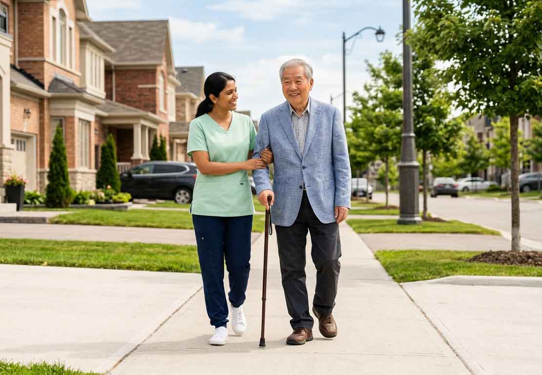 Caregiver and senior walking on the sidewalk