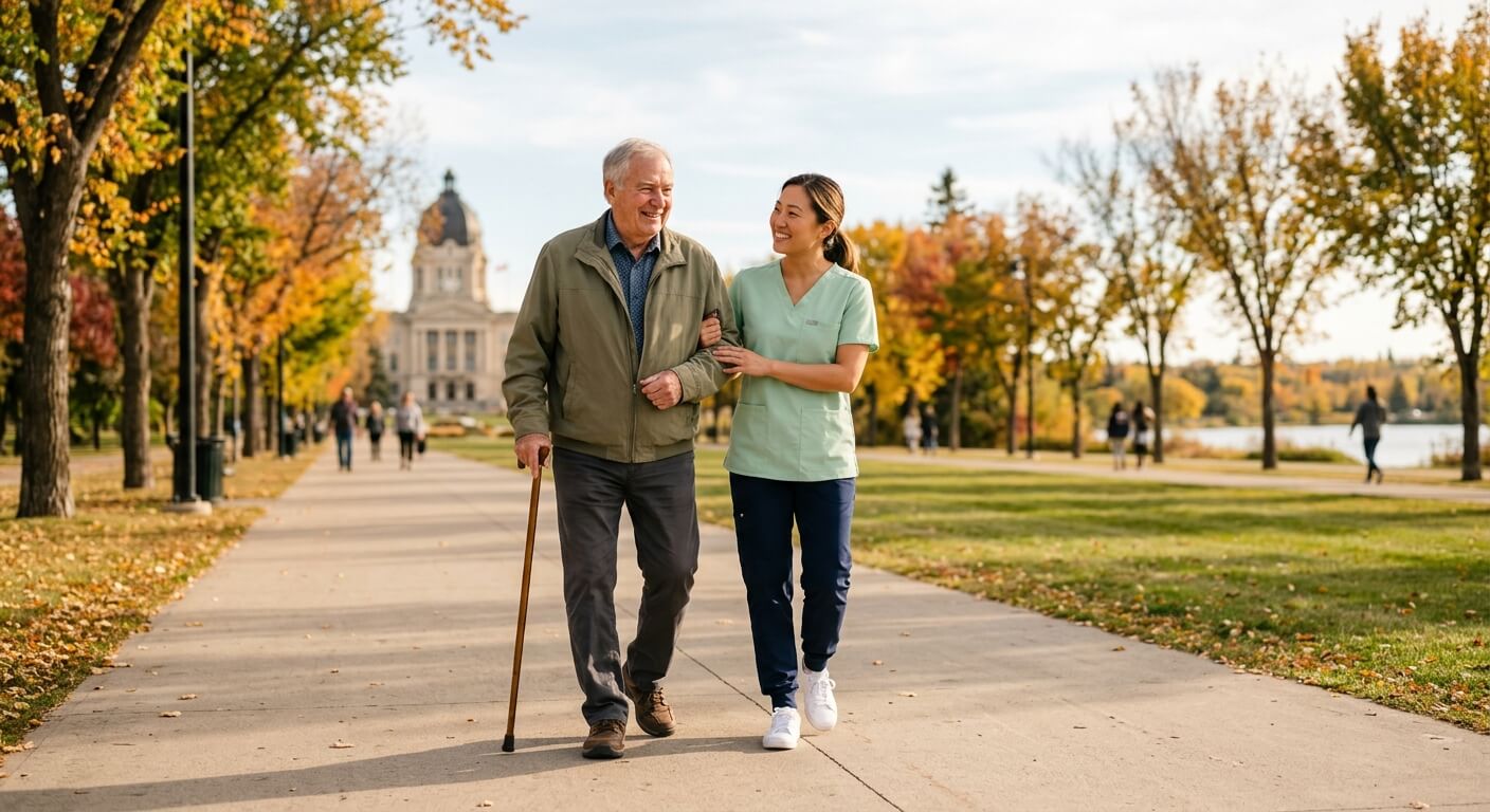 Caregiver and older adult walking in the city of Regina in SK