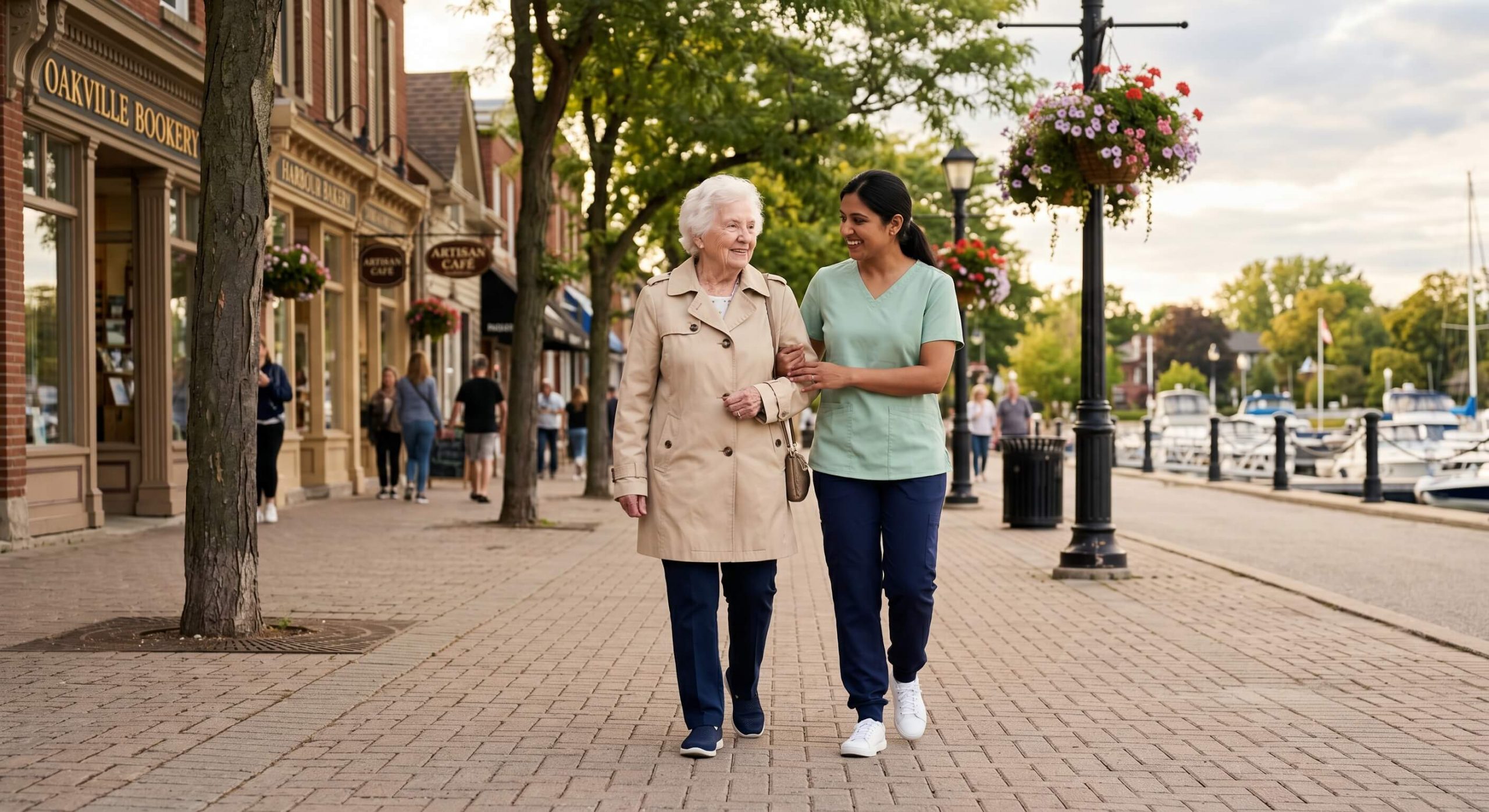 Caregiver and older adult on a walk in the City of Oakville in Ontario