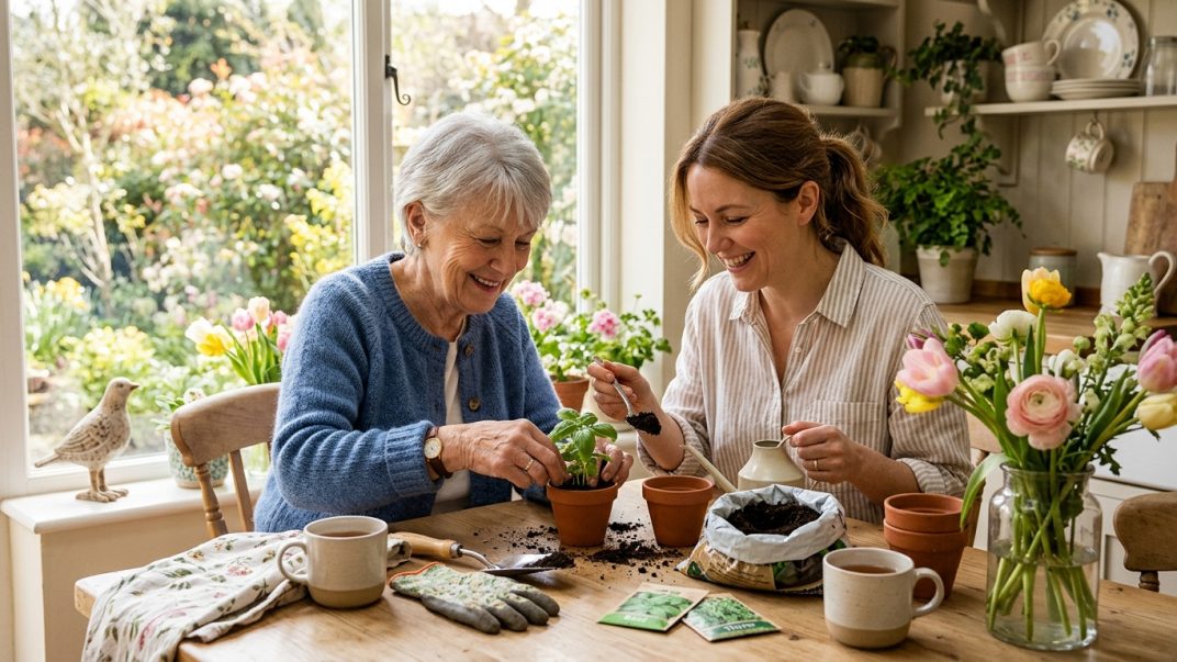 Simple Spring Hobbies That Bring People Together 1 Older adult and caregiver planting herbs together at a sunny kitchen table in spring.