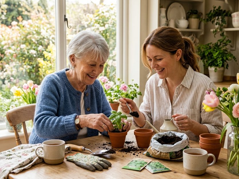 Older adult and caregiver planting herbs together at a sunny kitchen table in spring.