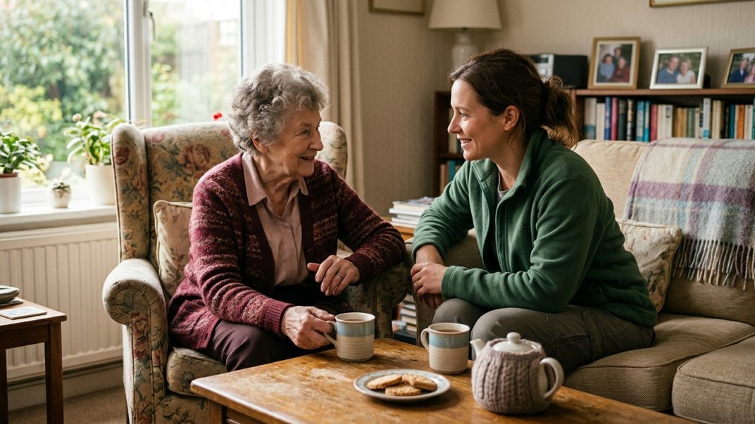 The Power of Connection: How Companionship Supports Mental Health as We Age 1 An older adult enjoying tea and conversation with a companion in a cozy living room.