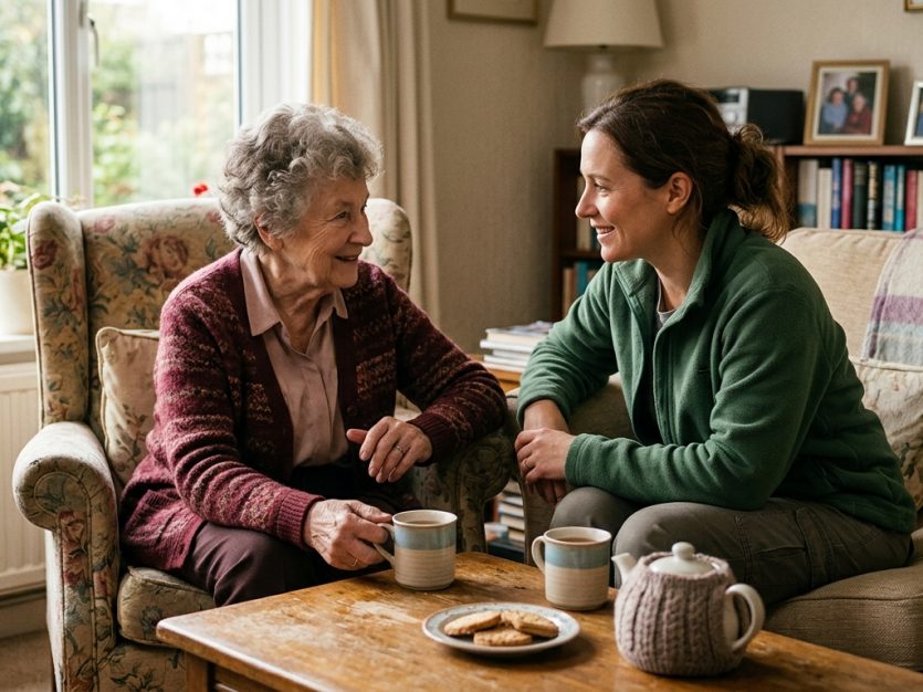 An older adult enjoying tea and conversation with a companion in a cozy living room.