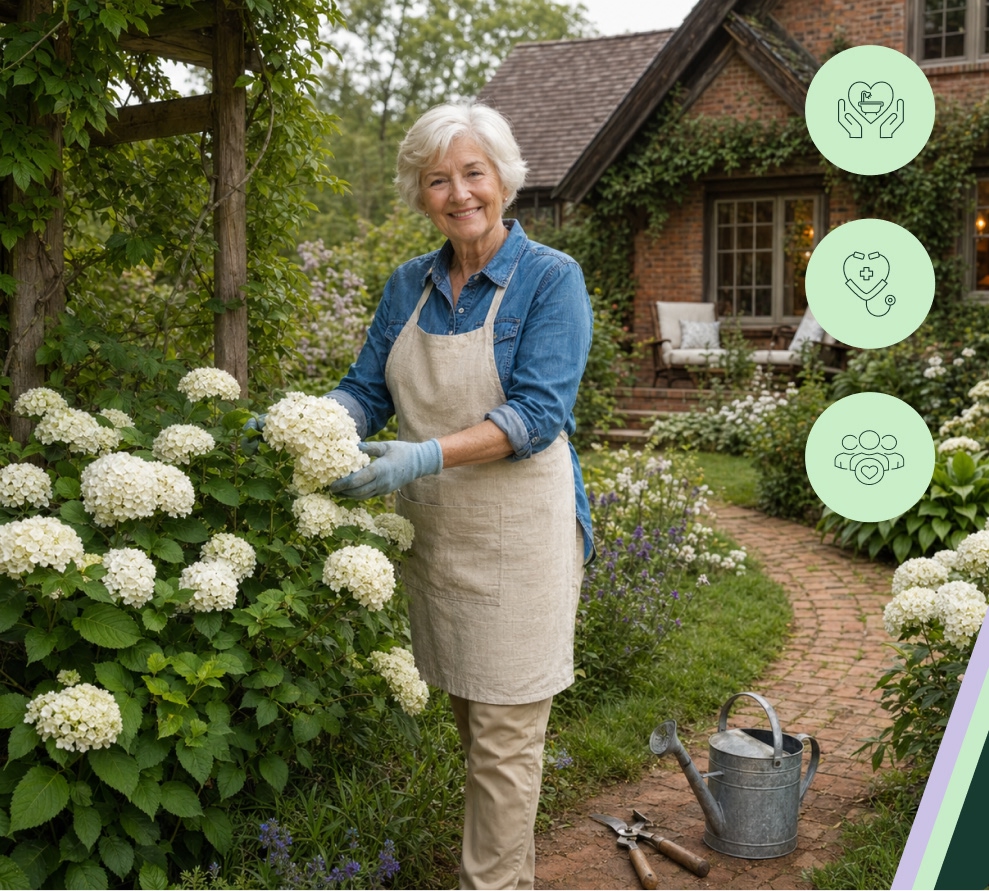 Smiling older woman gardening among white hydrangeas in a lush cottage garden