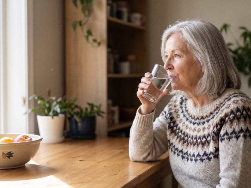 Woman drinking a glass of water by window