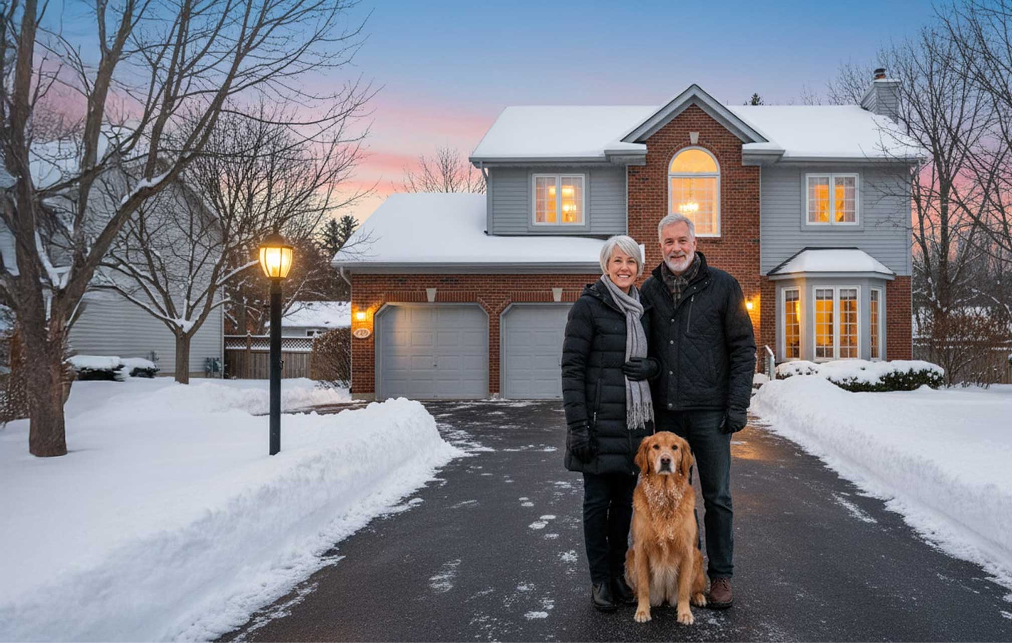 Couple with dog in snowy driveway