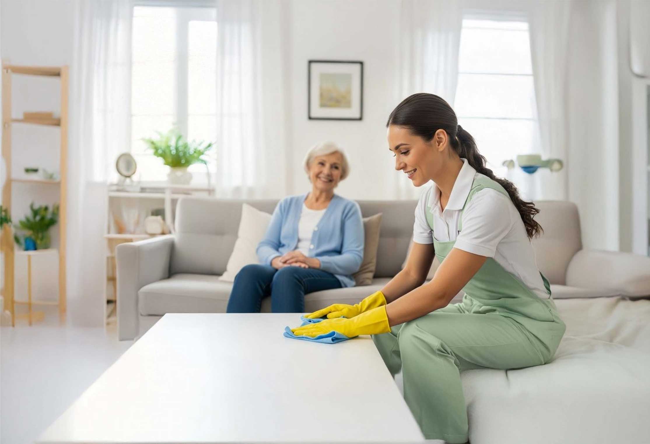Cleaner assisting elderly woman at home