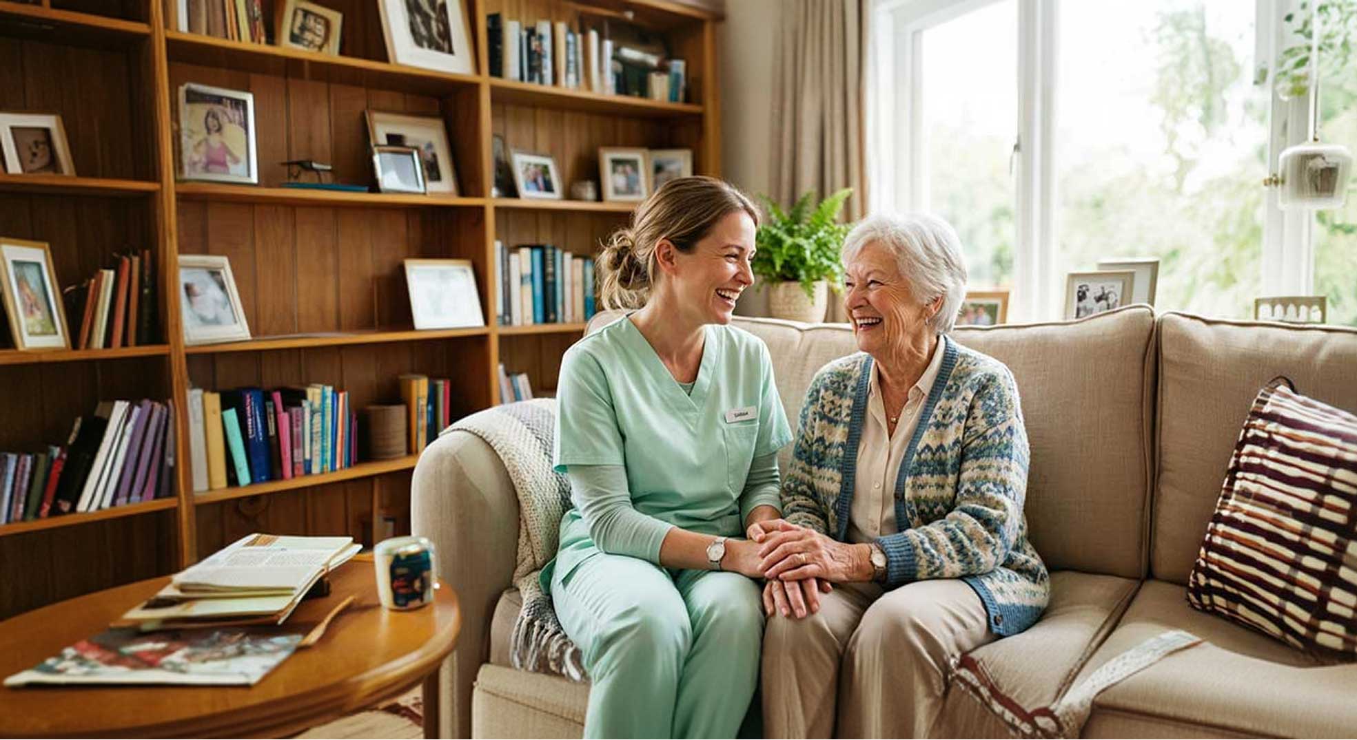 Elderly woman and daughter smiling while sat on a couch