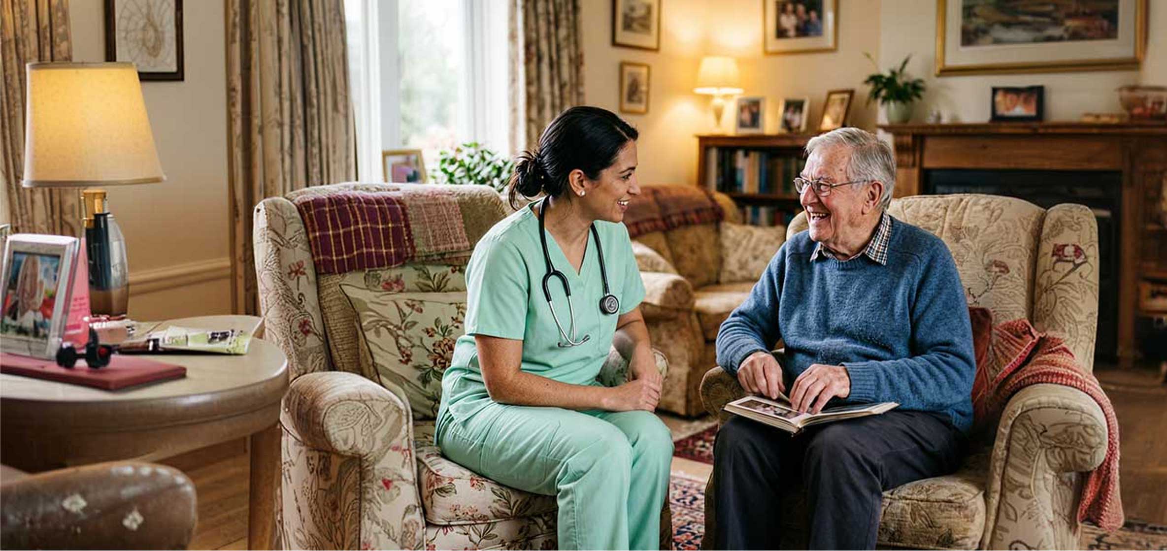 Nurse conversing with elderly man