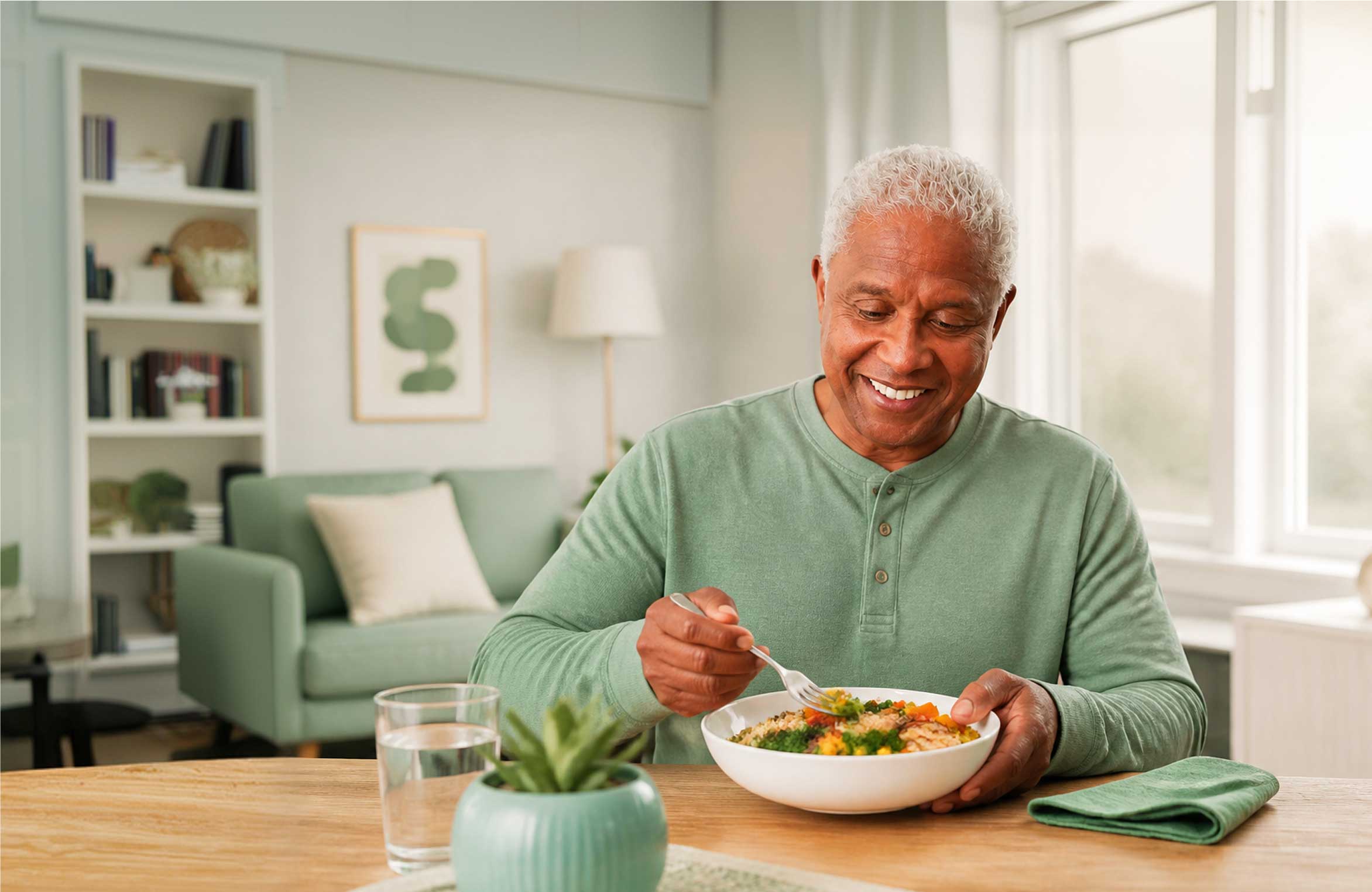 Smiling man enjoying a healthy meal.