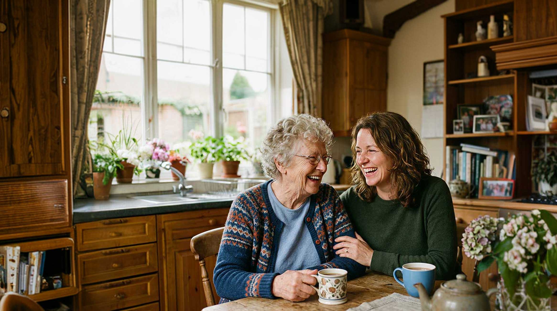Two women laughing in cozy kitchen.