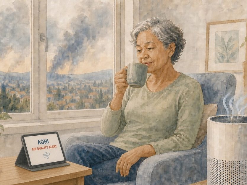 Older woman drinks tea beside an air cleaner while checking an air-quality alert on a tablet, with wildfire smoke visible outside.